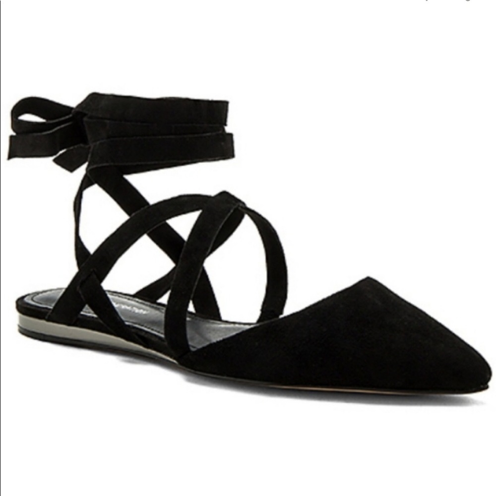 BCBGeneration! Black Suede Strappy Tie Up Flats Shoes - Picture 2 of 8